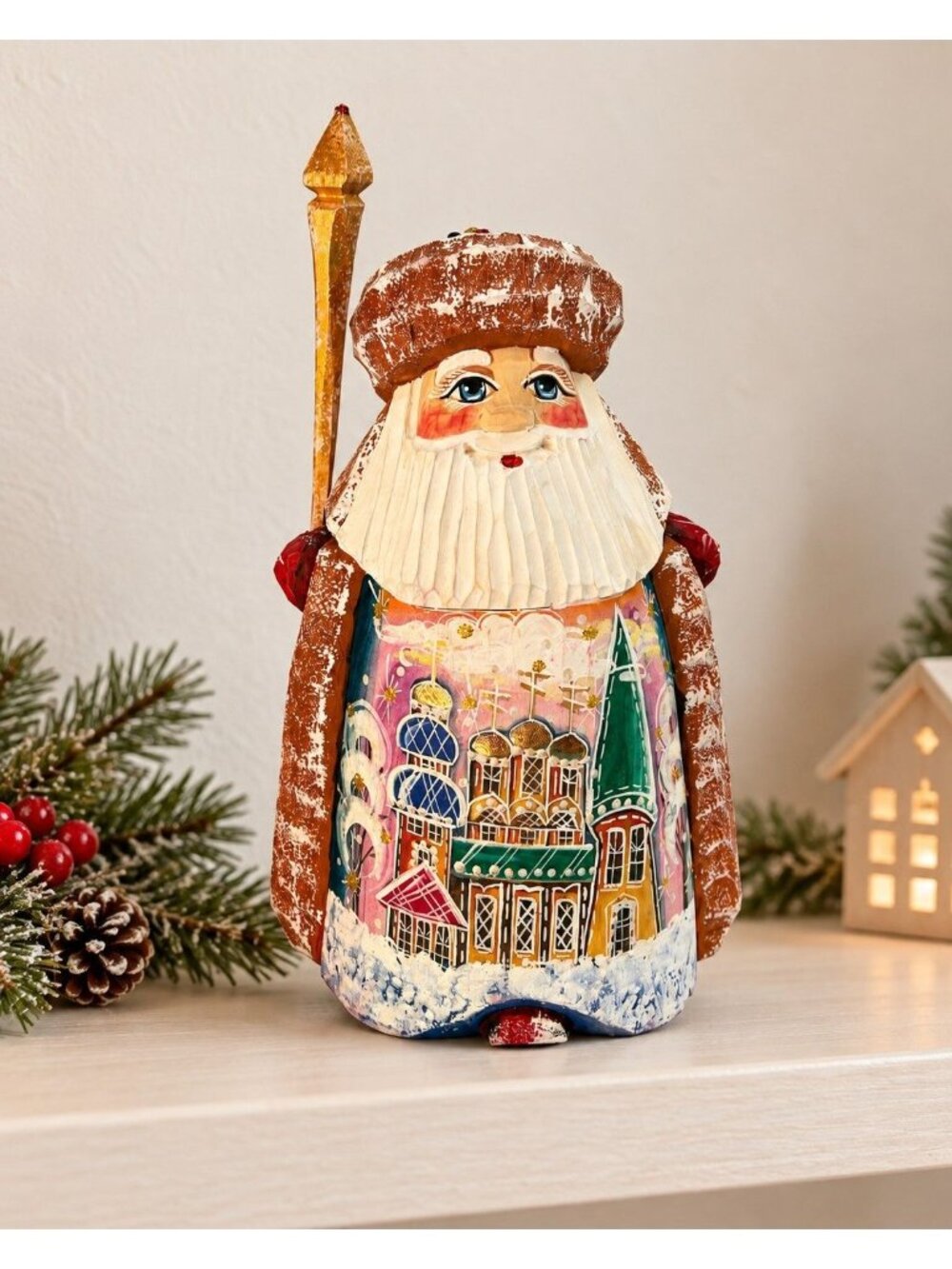 Russian Father Frost Ded Moroz Hand Painted Wood Santa Church Scene 6"